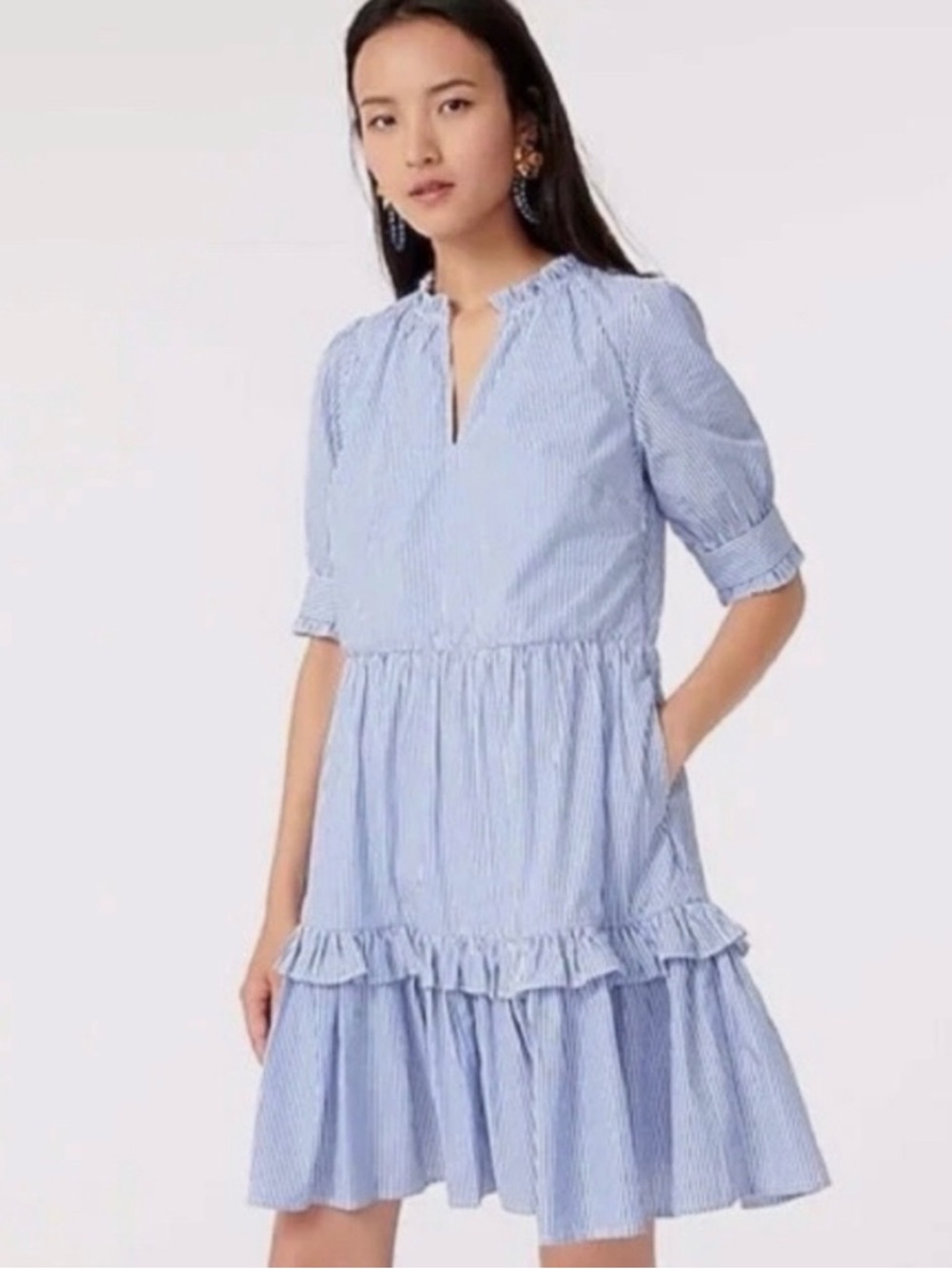 J. Crew Blue and White Striped Ruffle Tiered Women’s Dress